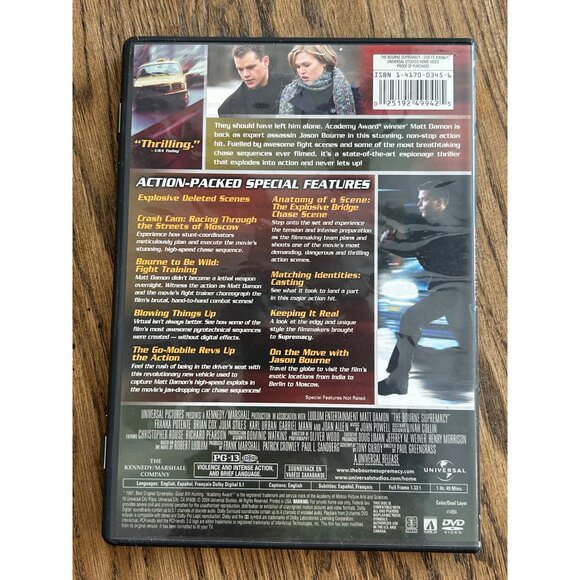 The Bourne Supremacy Fullscreen DVD 2004 Action Movie Matt Damon Pre-Owned - Picture 4 of 4